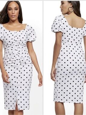 NY&CO Linen Polka Dot Dress Large Black White Retro Rockabilly Pinup Wiggle EUC